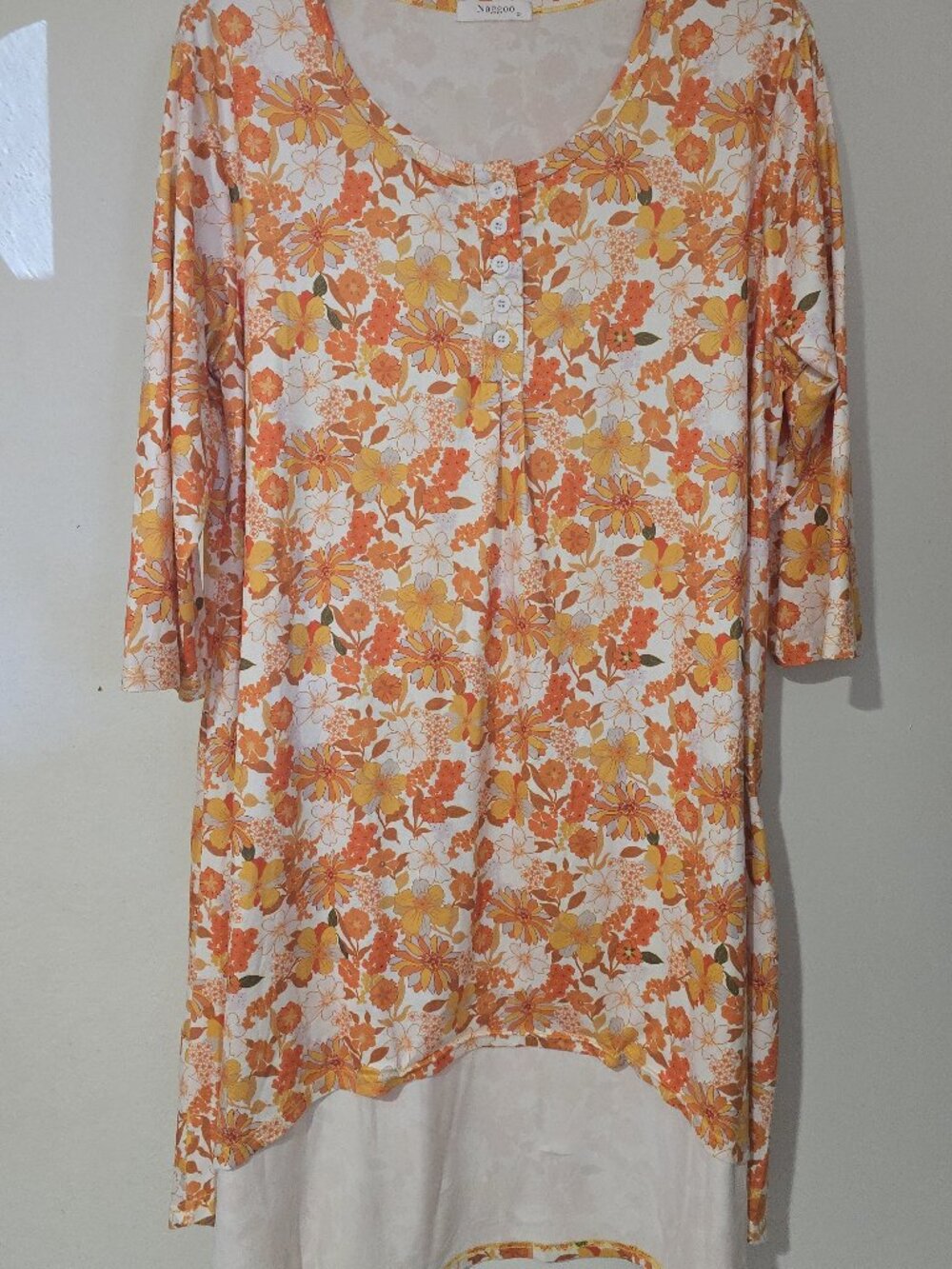 Naggoo XL Retro 70s Floral Henley Tunic Top Boho Hi-Low Orange